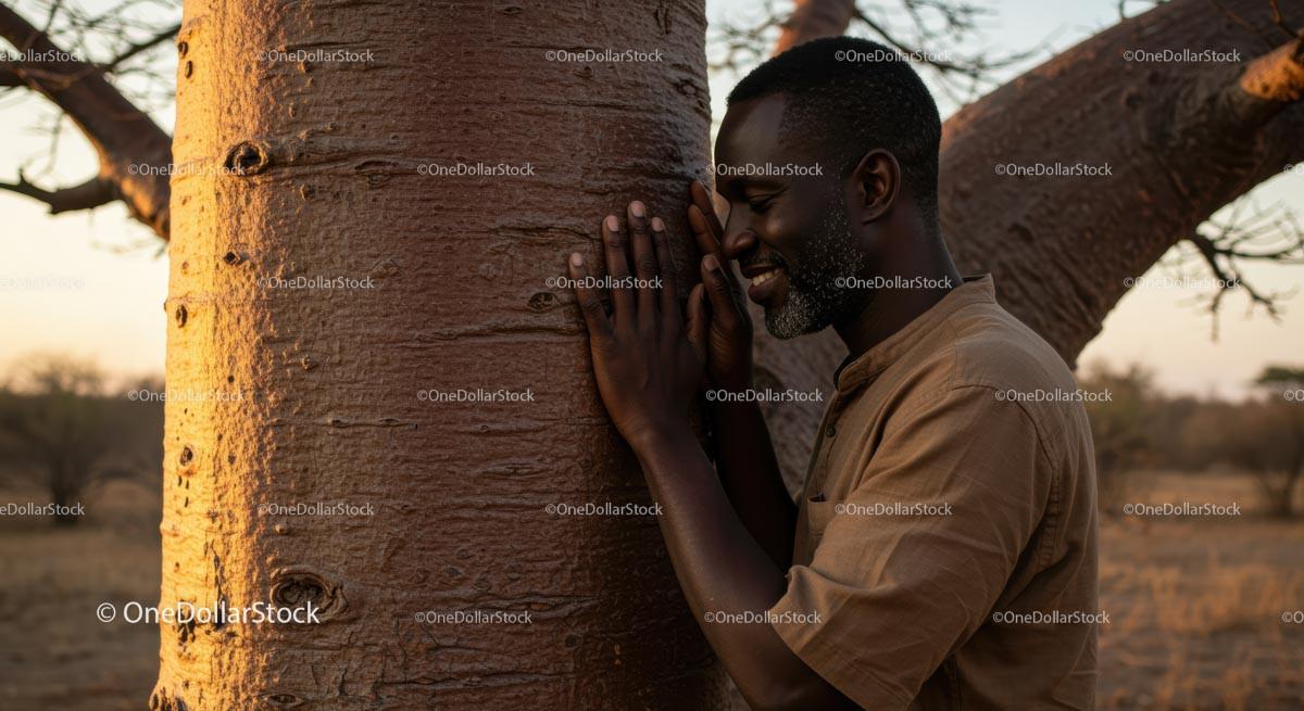 Man Embracing a Baobab Tree at Sunset