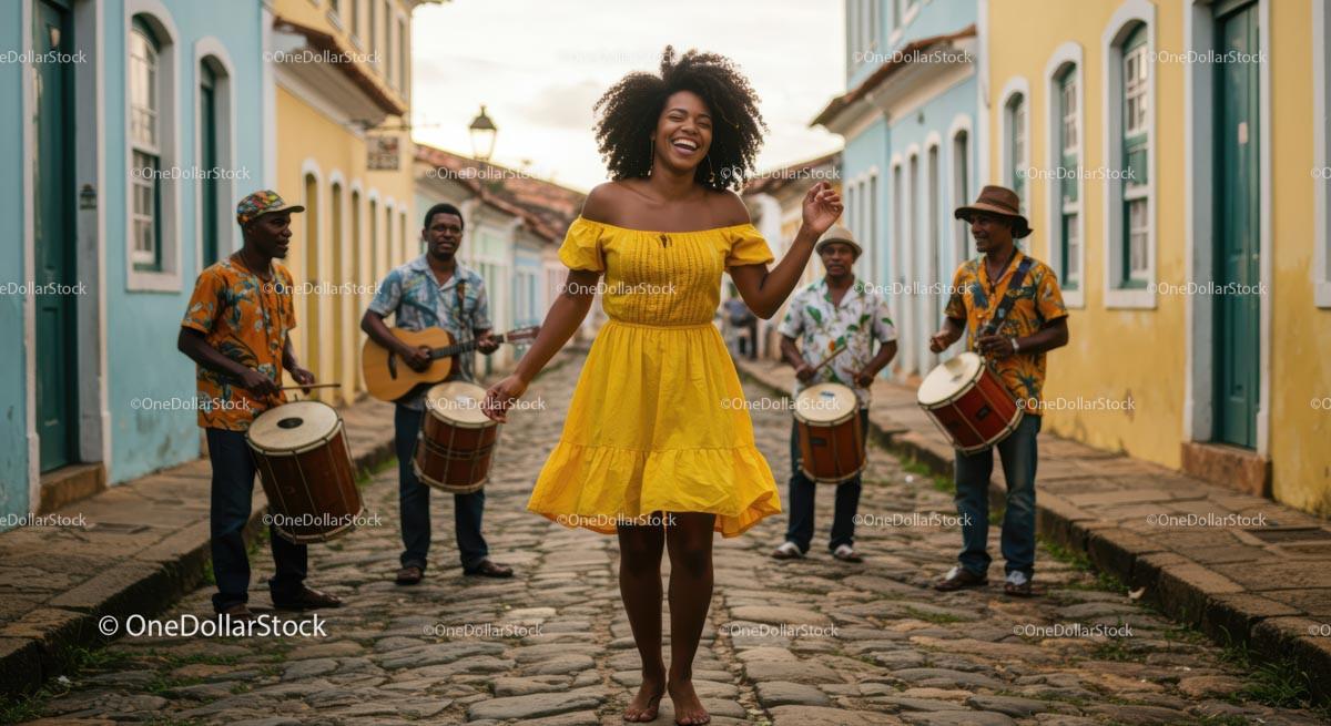 Joyful Woman Dancing with Street Musicians in Yellow Dress