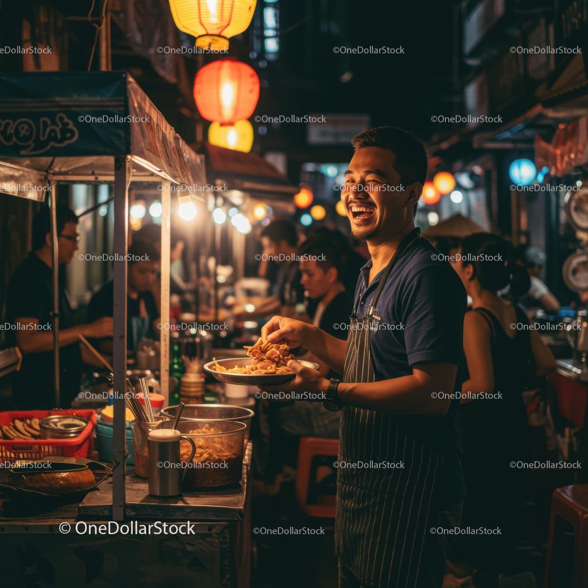Smiling Vendor at a Vibrant Night Market Food Stall