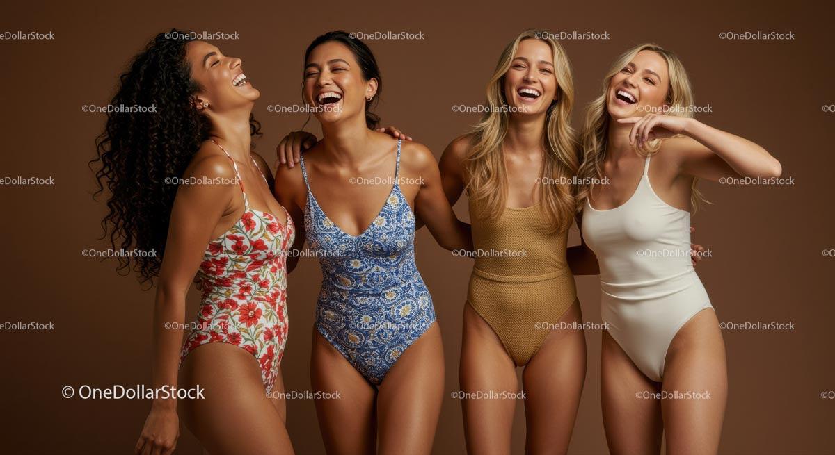 Group of Happy Women in Colorful Swimsuits