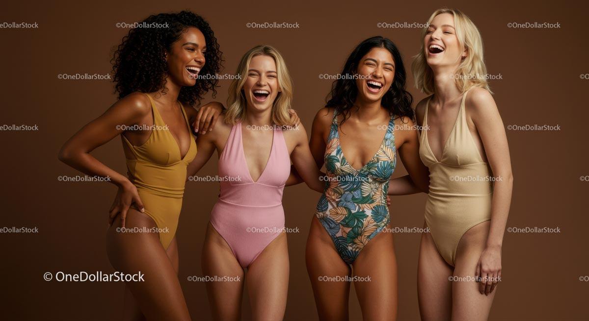 Diverse Group of Women Joyfully Laughing in Colorful Swimwear