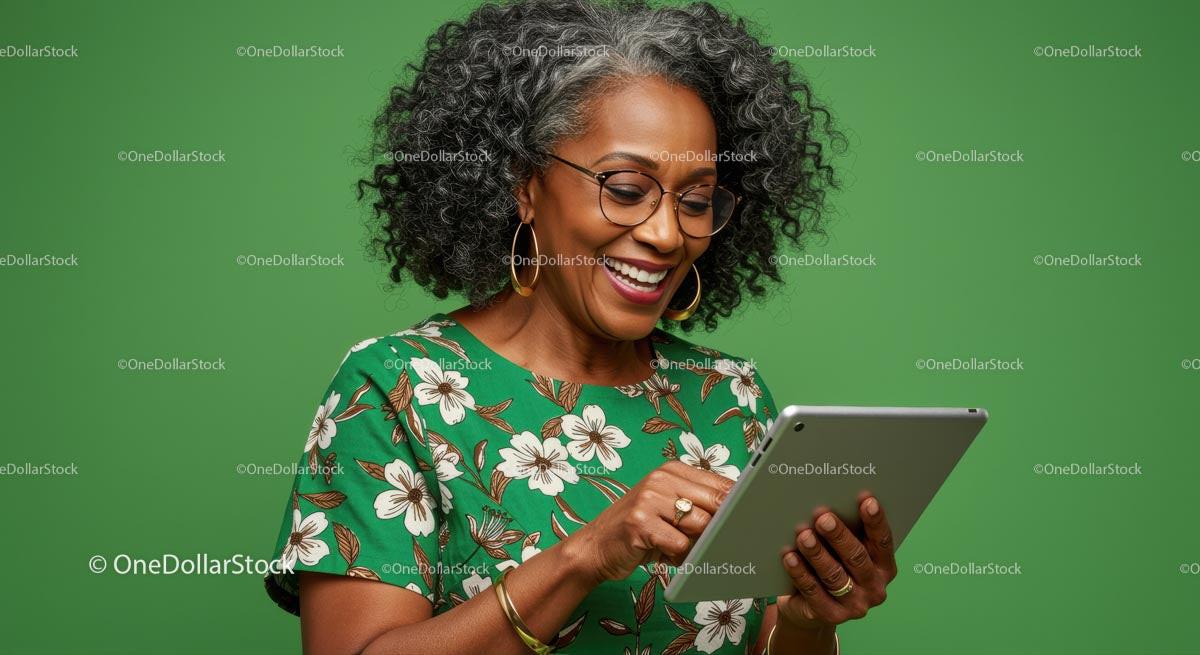 Elderly Woman Joyfully Using Tablet on Green Background