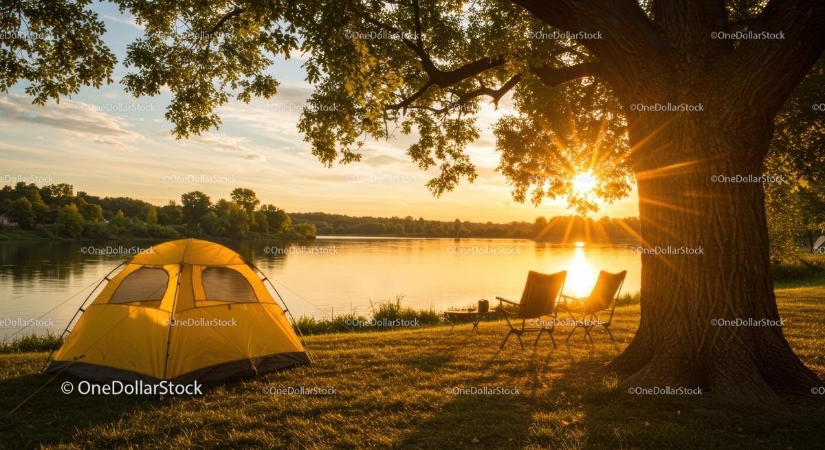 Sunset Camp by the Lake with Yellow Tent