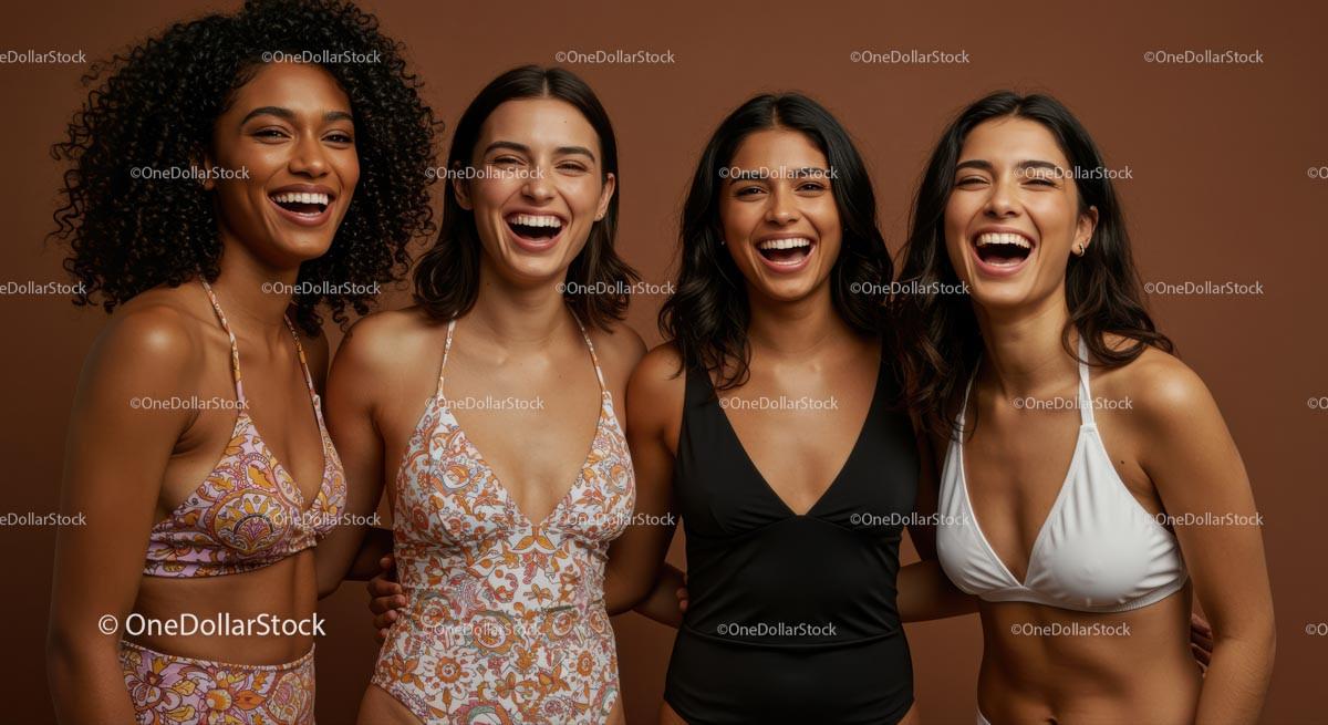 Joyful Women in Colorful Swimwear Laughing Together