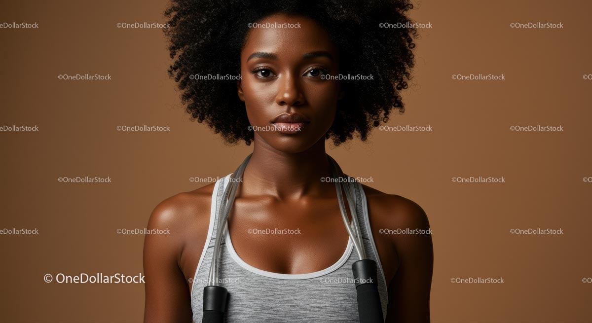 Confident Woman with Afro Hair and Jump Rope in Gym Setting