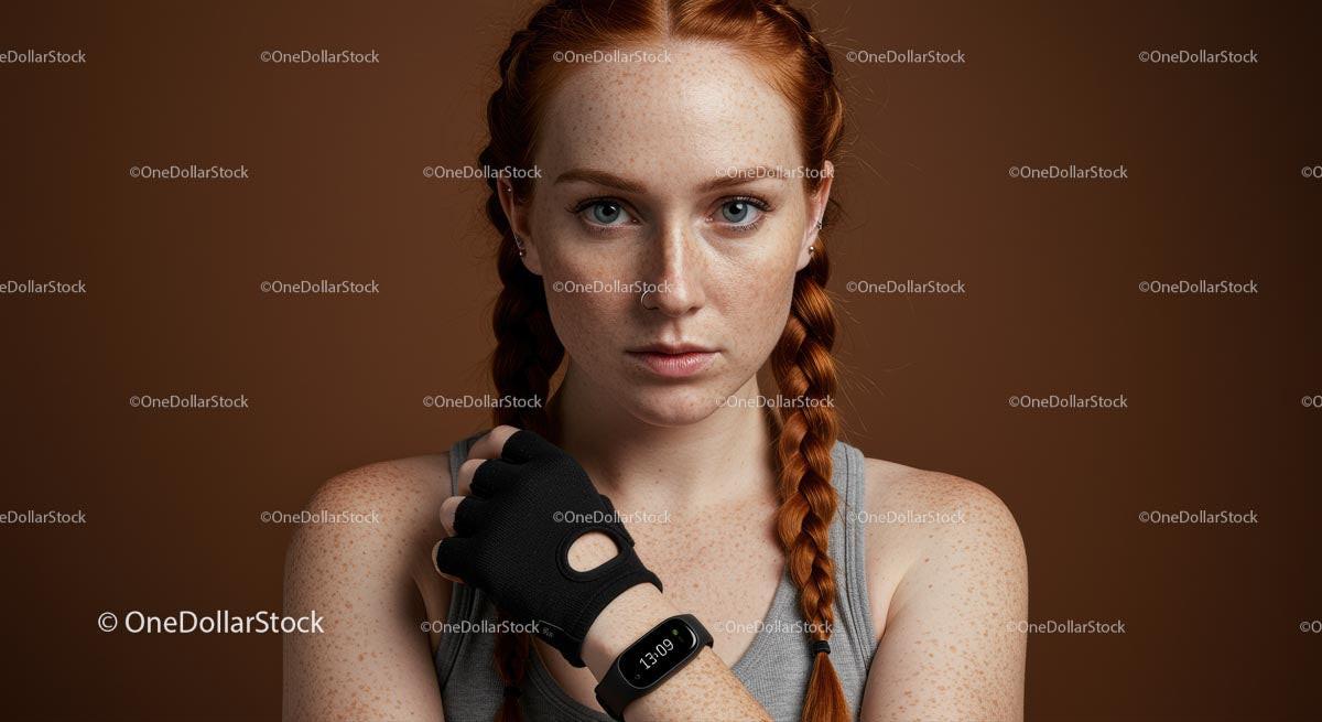 Freckled Fitness Woman with Braided Hairstyle and Gym Glove Stock Photo Bundle preview