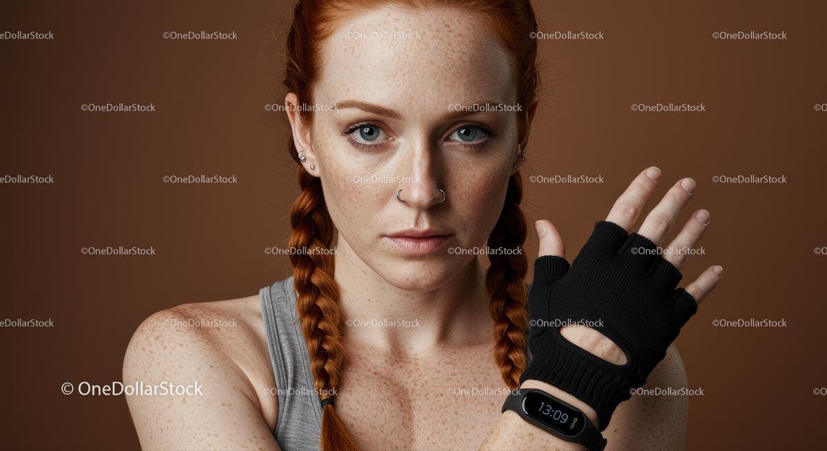 Freckled Fitness Woman with Braided Hairstyle and Gym Glove Stock Photo Bundle preview 7