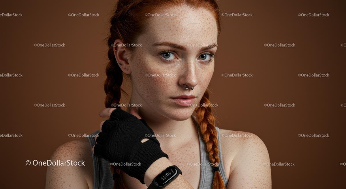 Freckled Fitness Woman with Braided Hairstyle and Gym Glove Stock Photo Bundle preview 8