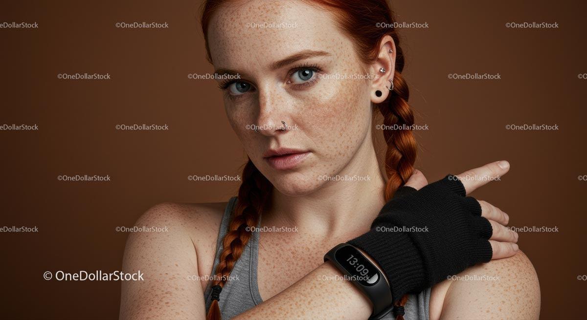 Confident Redhead Woman with Fitness Watch in Sportswear