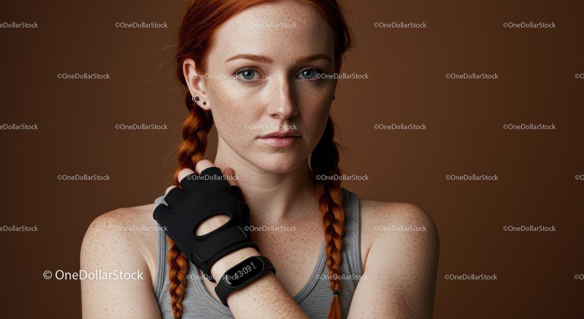 Freckled Fitness Woman with Braided Hairstyle and Gym Glove Stock Photo Bundle preview 11