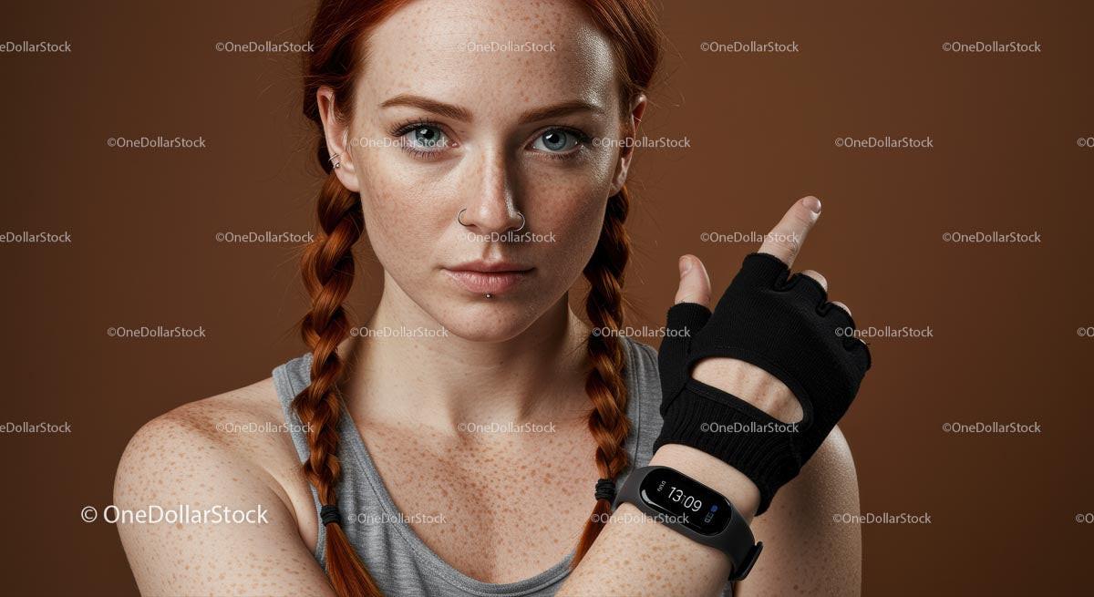 Freckled Fitness Woman with Braided Hairstyle and Gym Glove Stock Photo Bundle preview 12