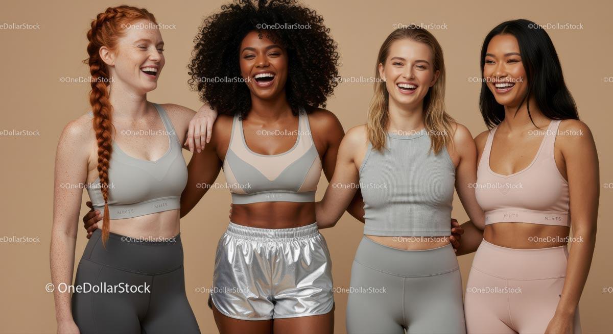 Diverse Women in Trendy Activewear Smiling Together Stock Photo Bundle preview
