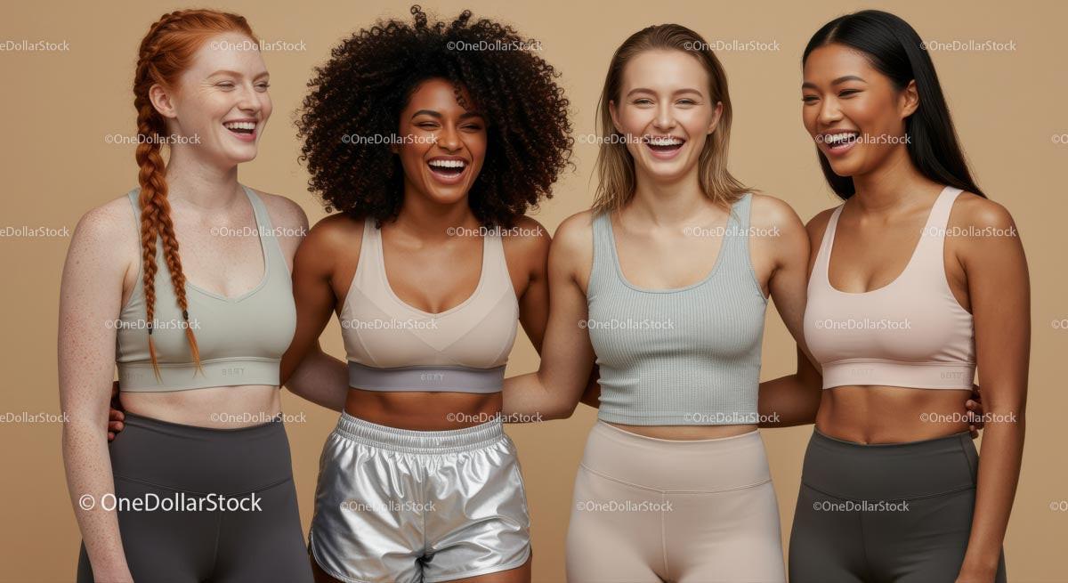 Diverse Women in Trendy Activewear Smiling Together 10 JPG Files digital asset preview