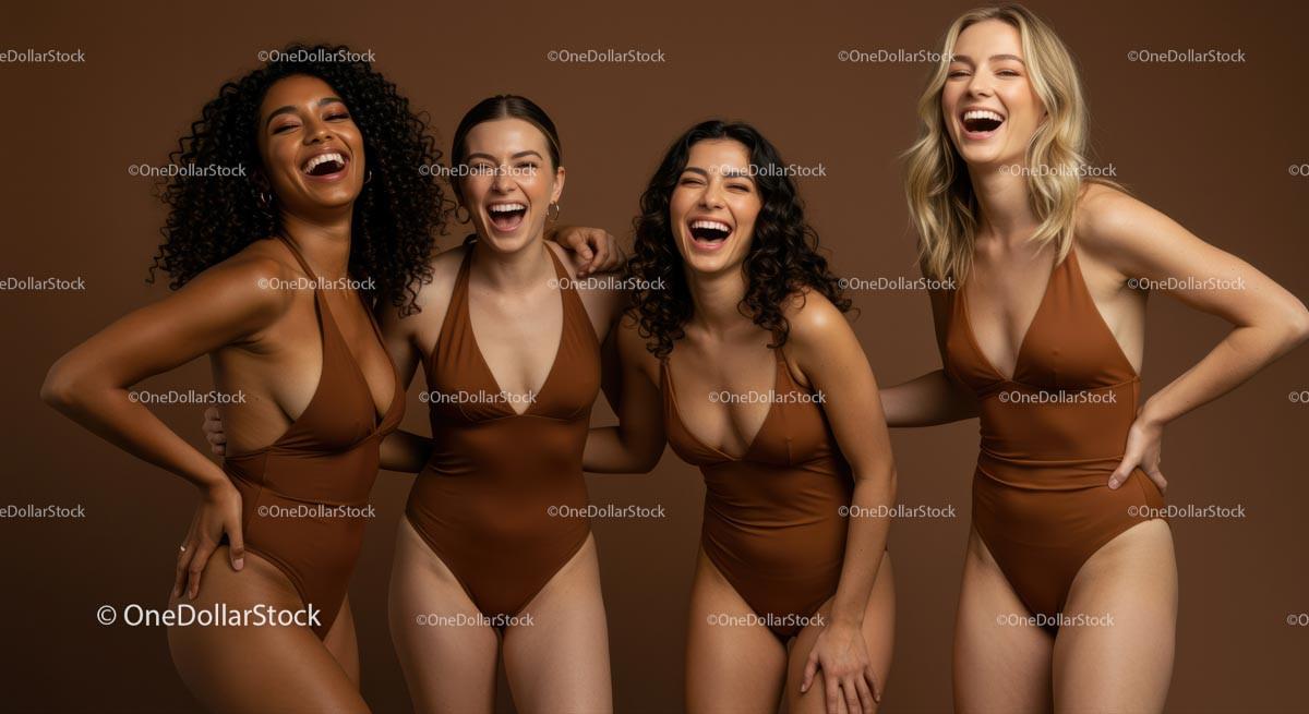 Group of Joyful Women in Brown Swimsuits Laughing Together