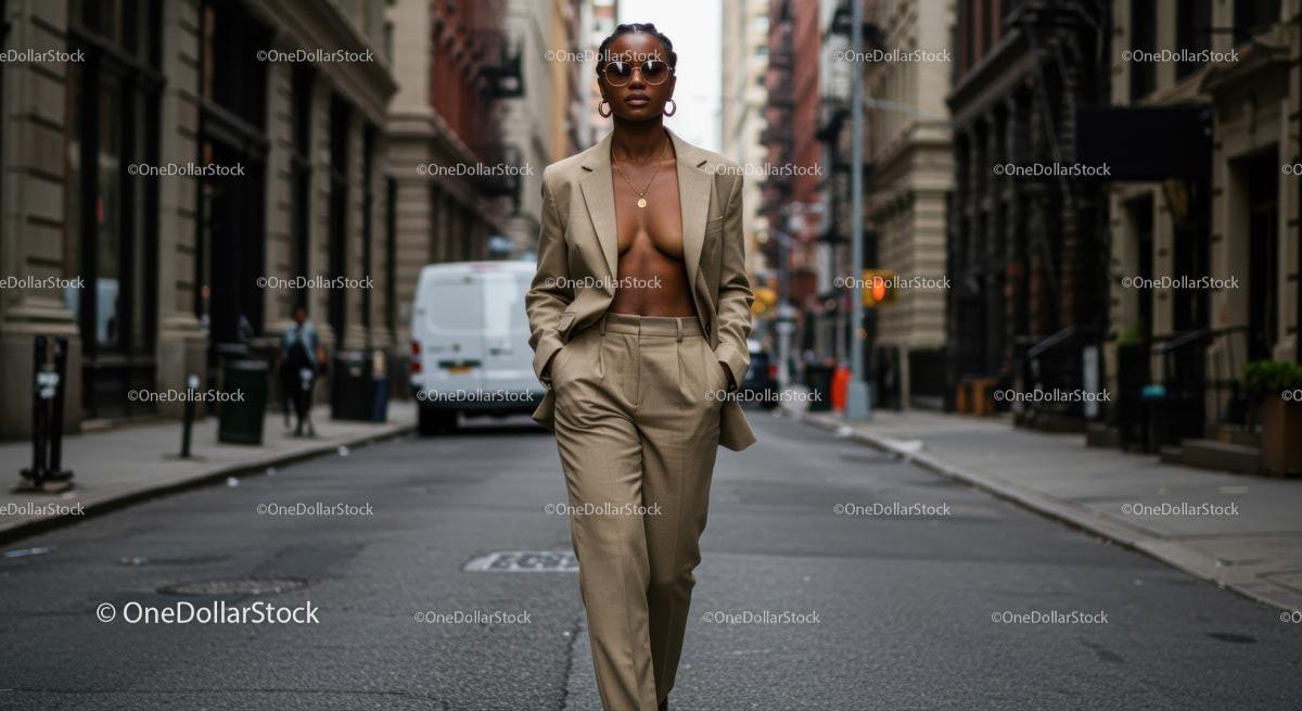 Confident Woman in Beige Suit Walking Through City Street