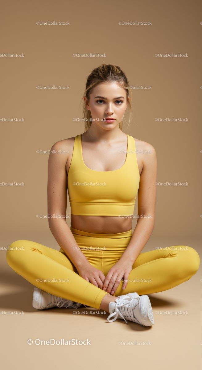 Young Woman in Yellow Activewear Practicing Yoga Indoors