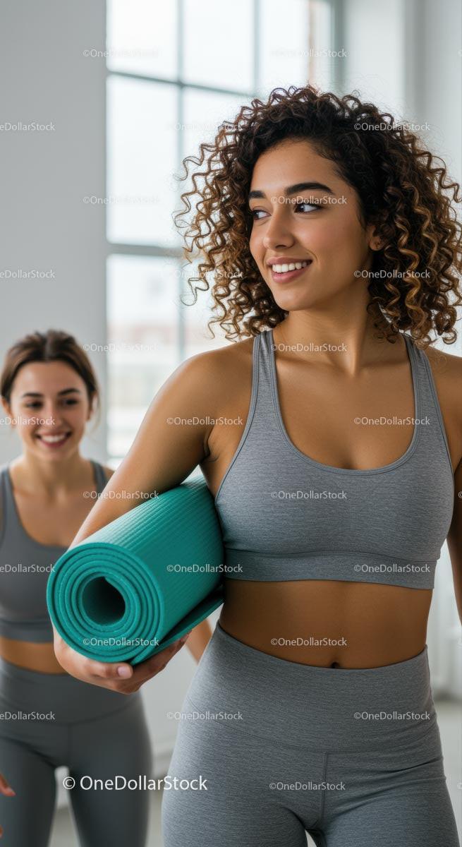 Women Smiling with Yoga Mats in a Bright Fitness Studio