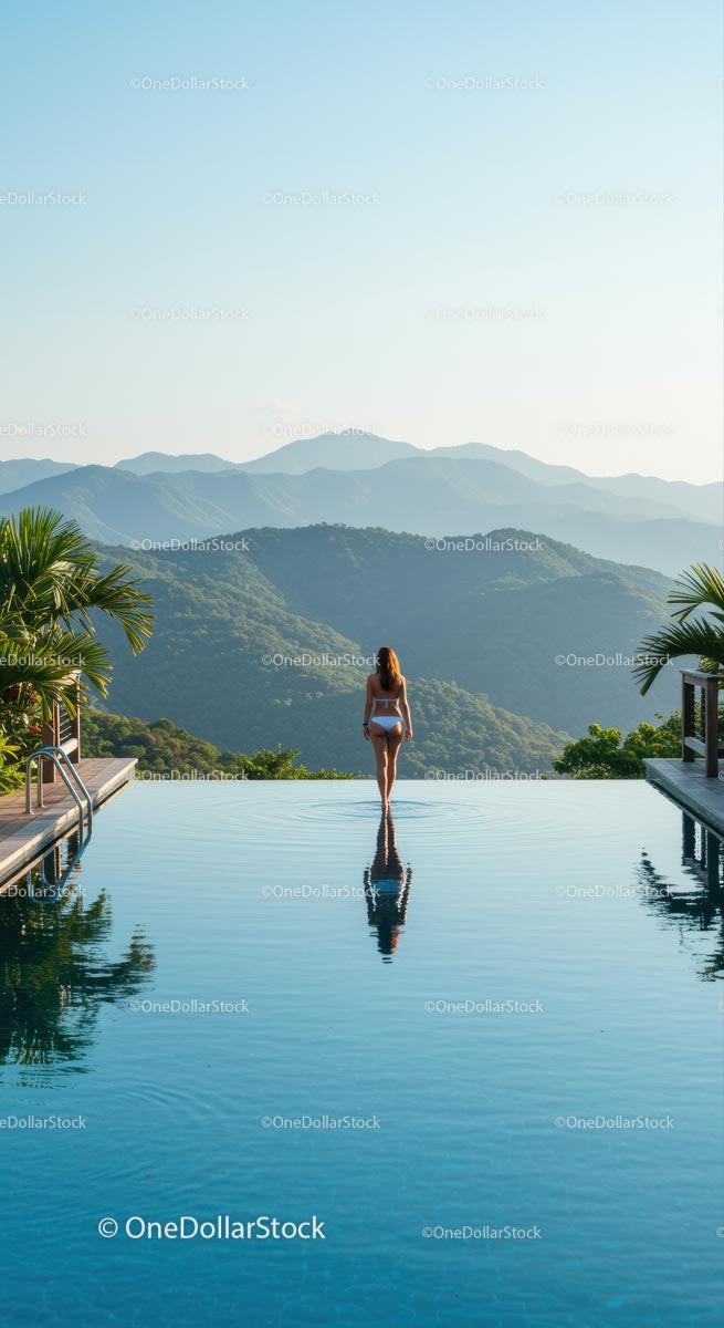 Infinity Pool with Stunning Mountain View and Woman