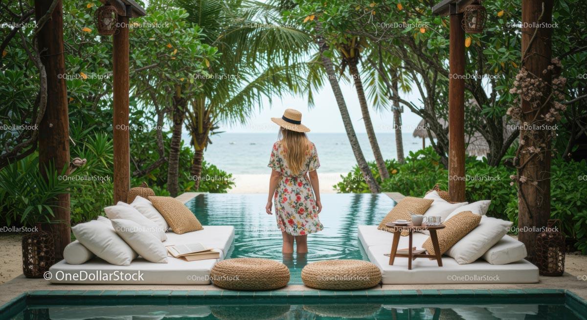 Woman in Floral Dress Enjoying Tropical Infinity Pool