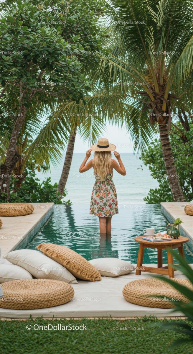 Woman in Floral Dress Enjoying Serene Tropical Poolside