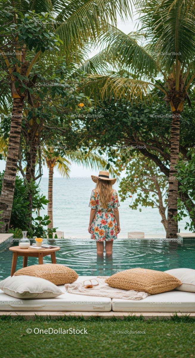 Woman in Floral Dress Relaxing by Tropical Infinity Pool