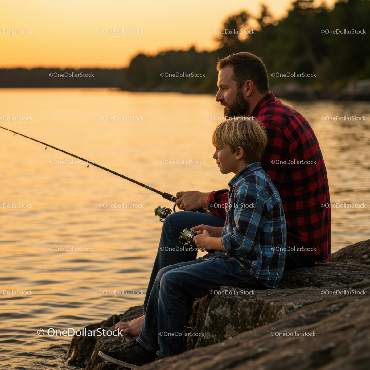 Father and Son Fishing at Sunset by the Lake Shore