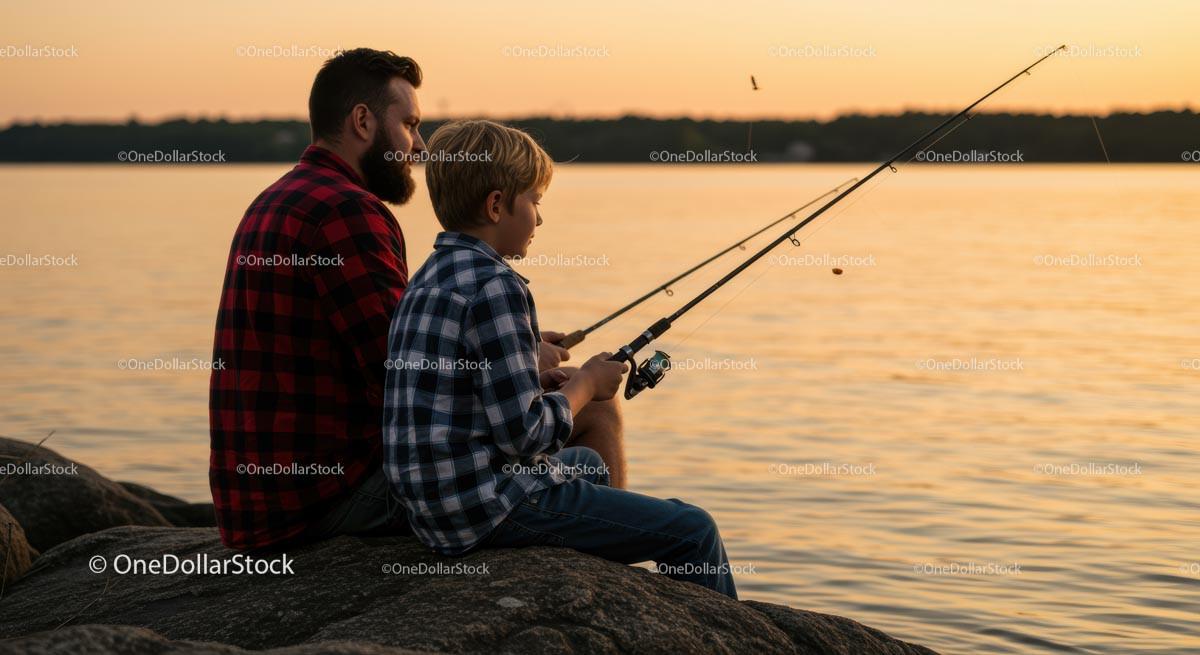 Father and Son Fishing at Sunset by a Serene Lake