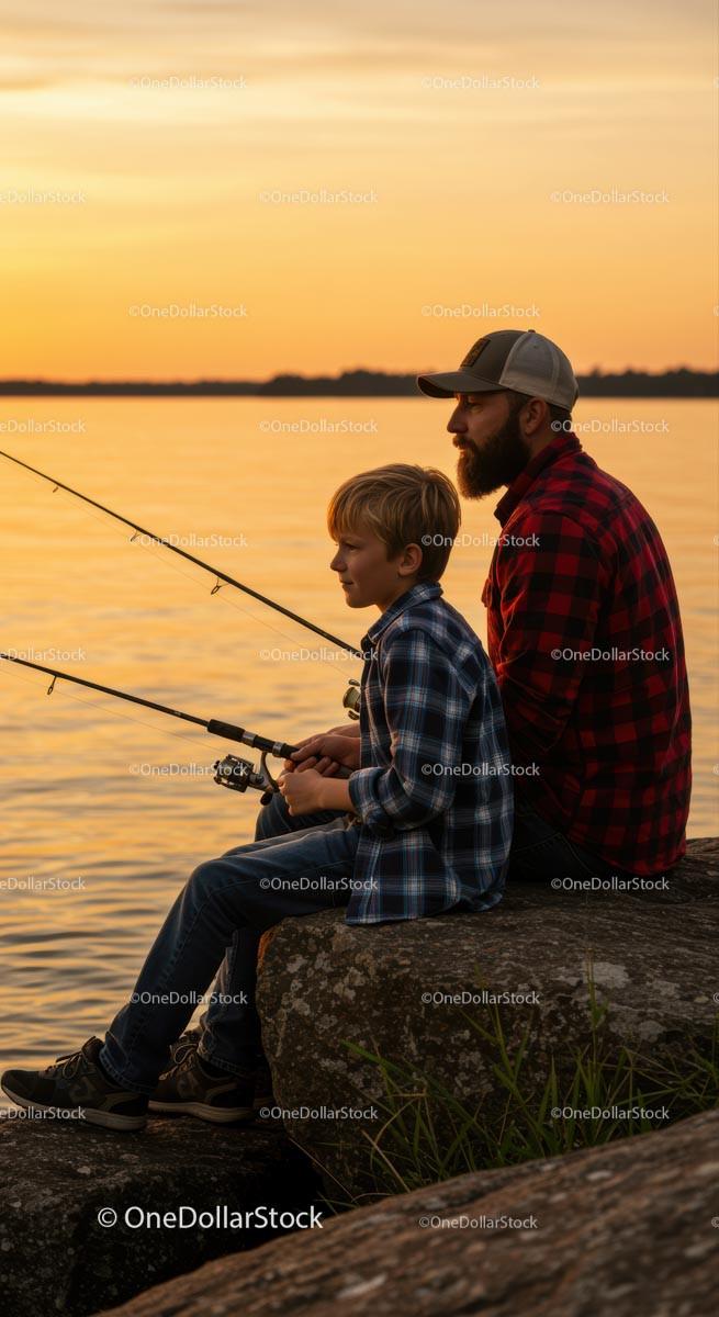 Father and Son Fishing at Sunset by the Lake