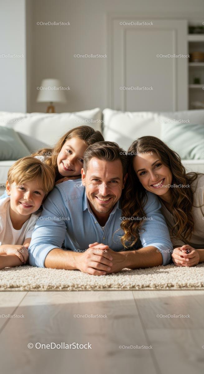 Happy Family Relaxing Together on Living Room Floor