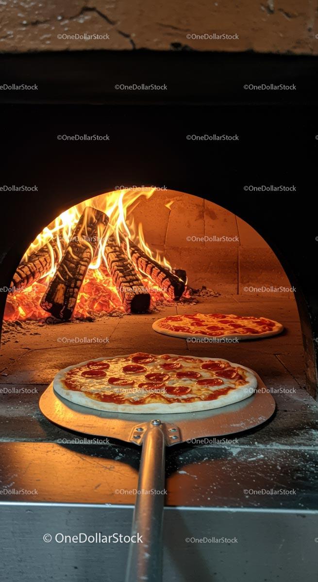 Rustic Pepperoni Pizza Baking in Wood-Fired Oven