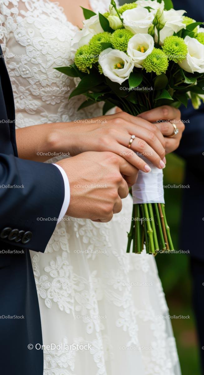 Bride and Groom Holding Hands with Elegant Bouquet