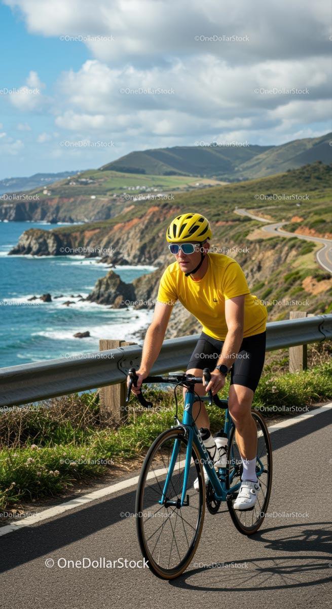 stock photo bundle made with Cyclist on Scenic Coastal Road with Ocean View Stock Photo Bundle