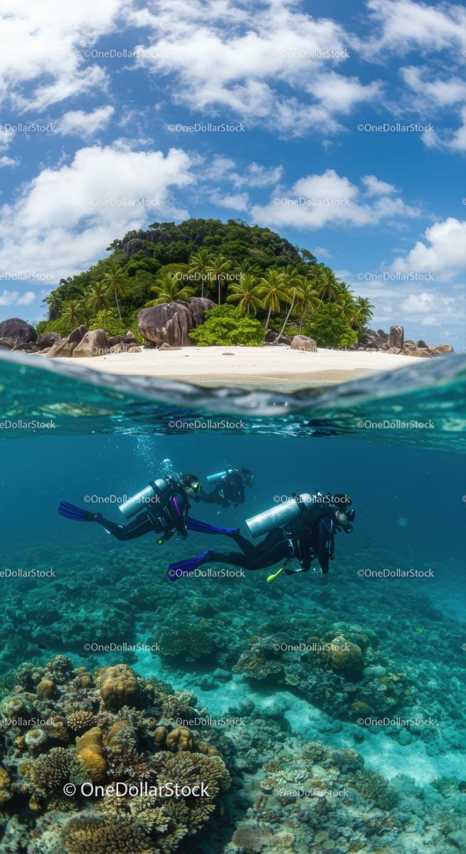 Tropical Island with Divers Exploring Coral Reefs Stock Photo Bundle preview