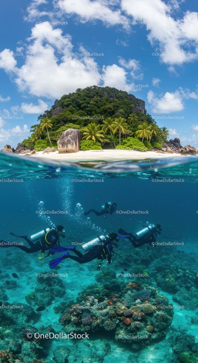 Tropical Island with Divers Exploring Coral Reefs Stock Photo Bundle preview 6