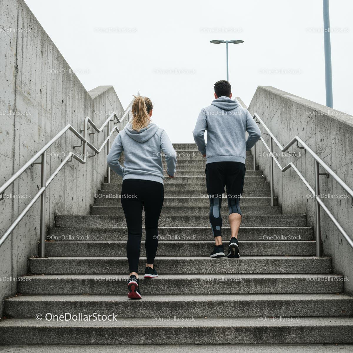 Active Couple Running Up Concrete Stairs in Urban Setting