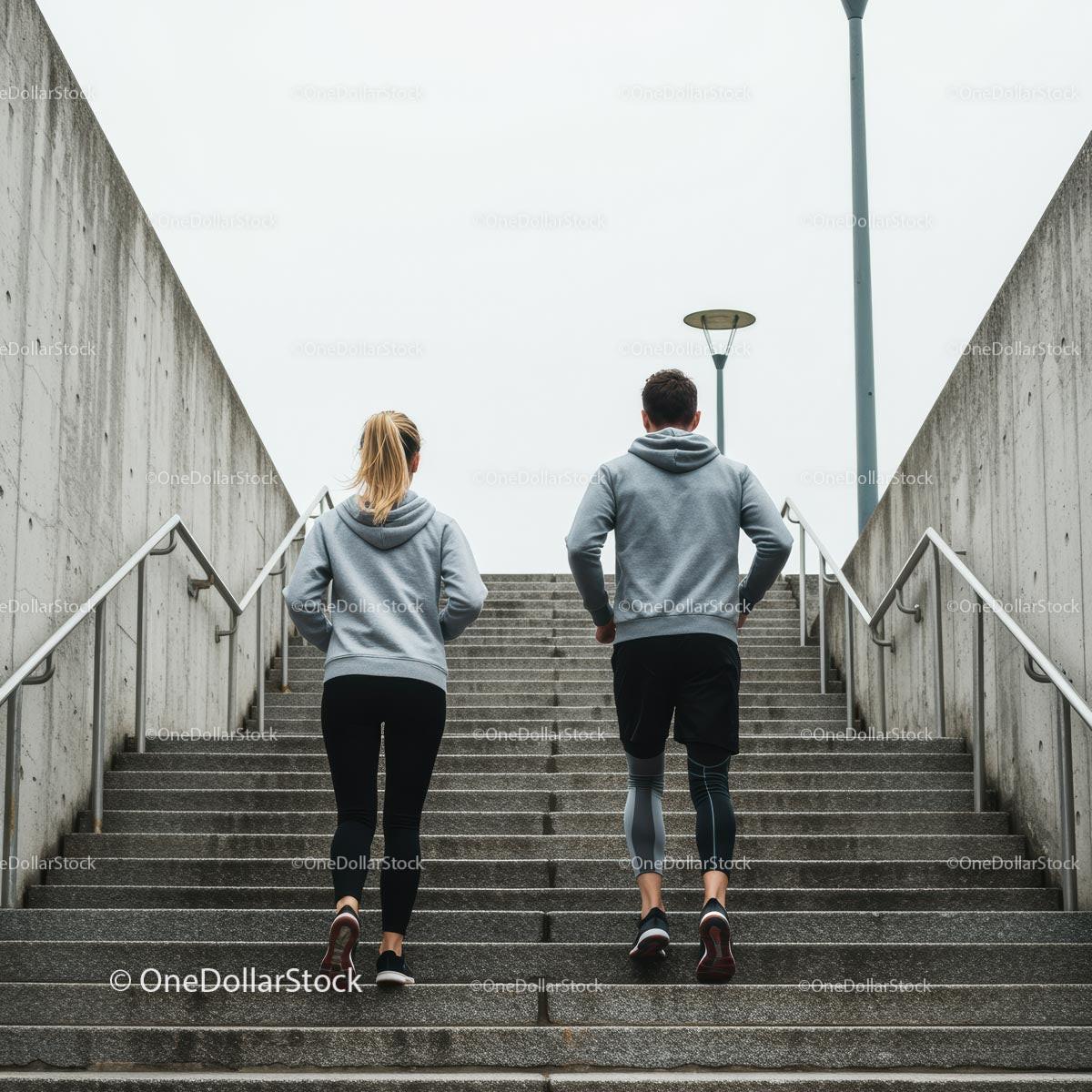 Active Couple Running Up Concrete Stairs in Urban Setting