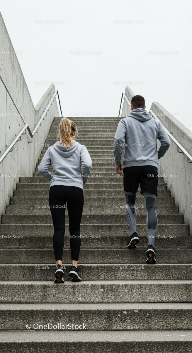 Couple Running Up Concrete Stairs in Athletic Wear