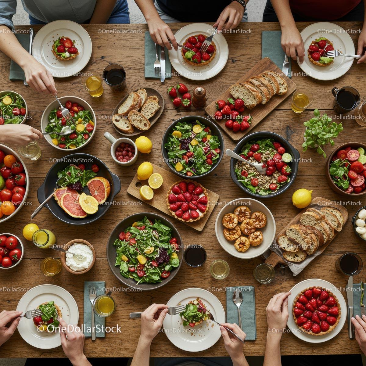 Fresh Salad and Fruit Feast on Rustic Wooden Table