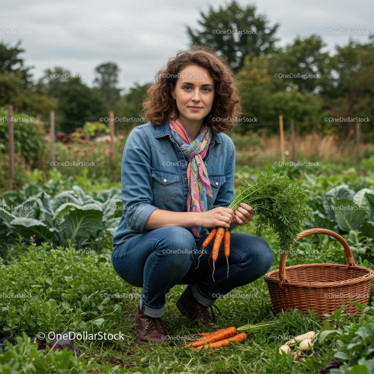 Woman Harvesting Fresh Carrots in a Lush Vegetable Garden