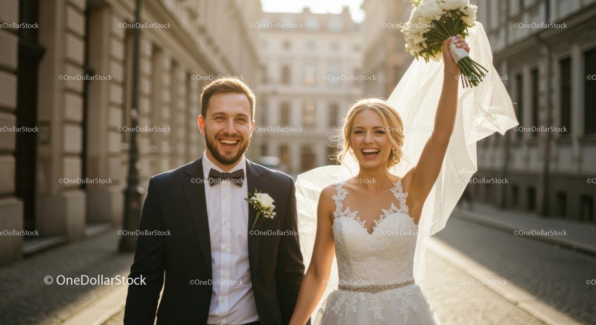 Happy Newlyweds Celebrating on a Sunny City Street