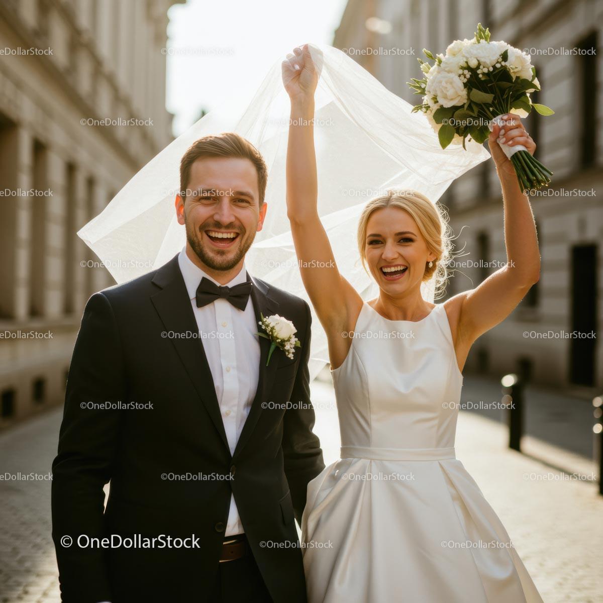 Joyful Bride and Groom Celebrating in Sunlit City Street
