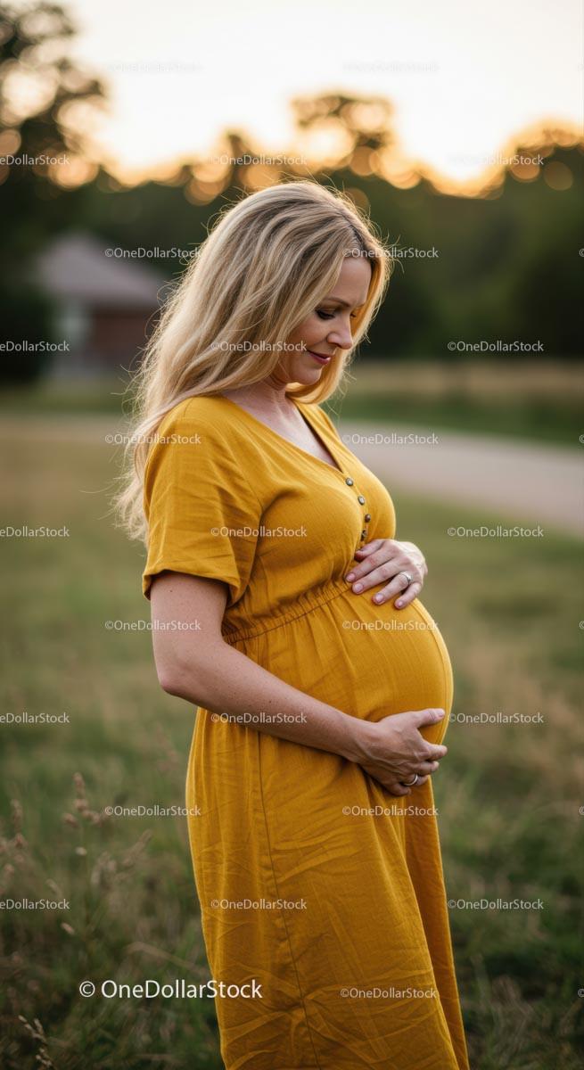 Pregnant Woman in Yellow Dress at Serene Sunset