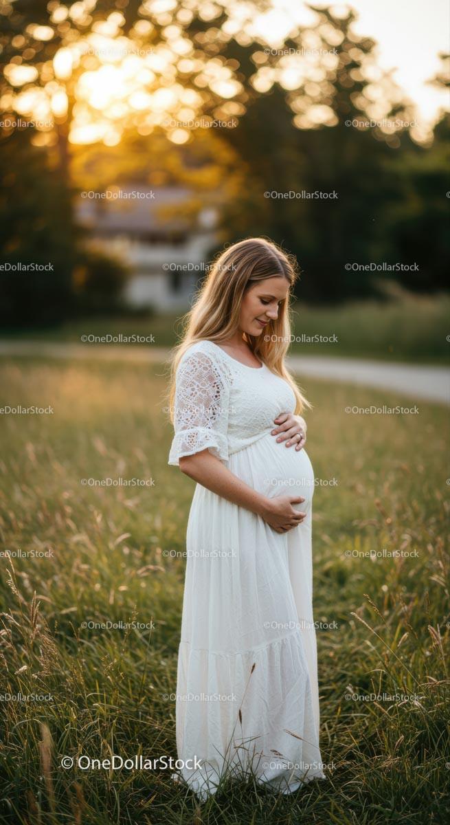 Pregnant Woman in White Dress at Sunset in Grassy Field