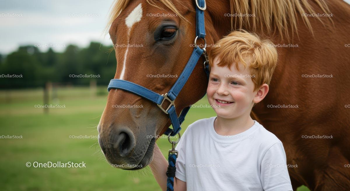 Smiling Boy with Brown Horse in Countryside Setting