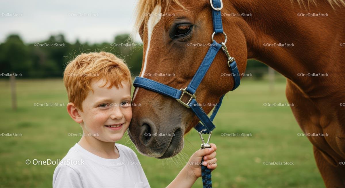 Smiling Boy and Chestnut Horse in Countryside Setting
