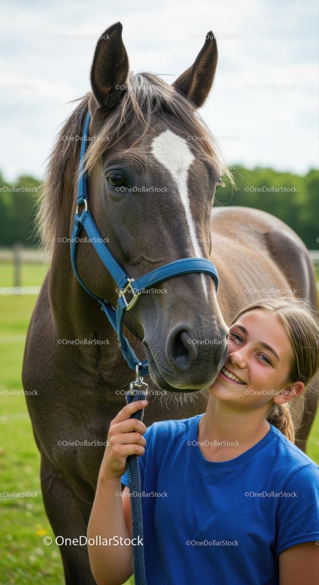 Smiling Teen with Her Beloved Brown Horse in a Green Field