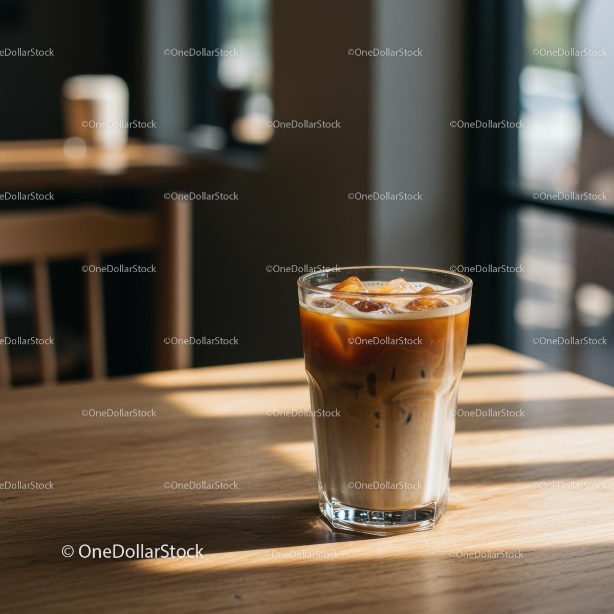 Iced Coffee in Sunlit Cafe Setting