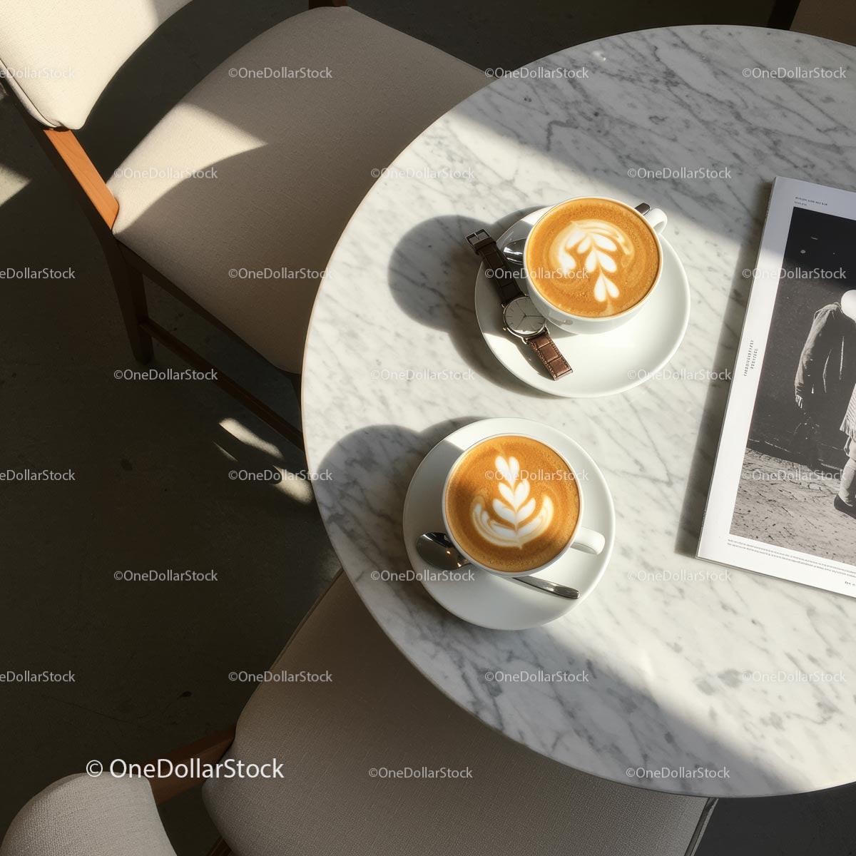 Two Lattes on a Sunlit Marble Cafe Table