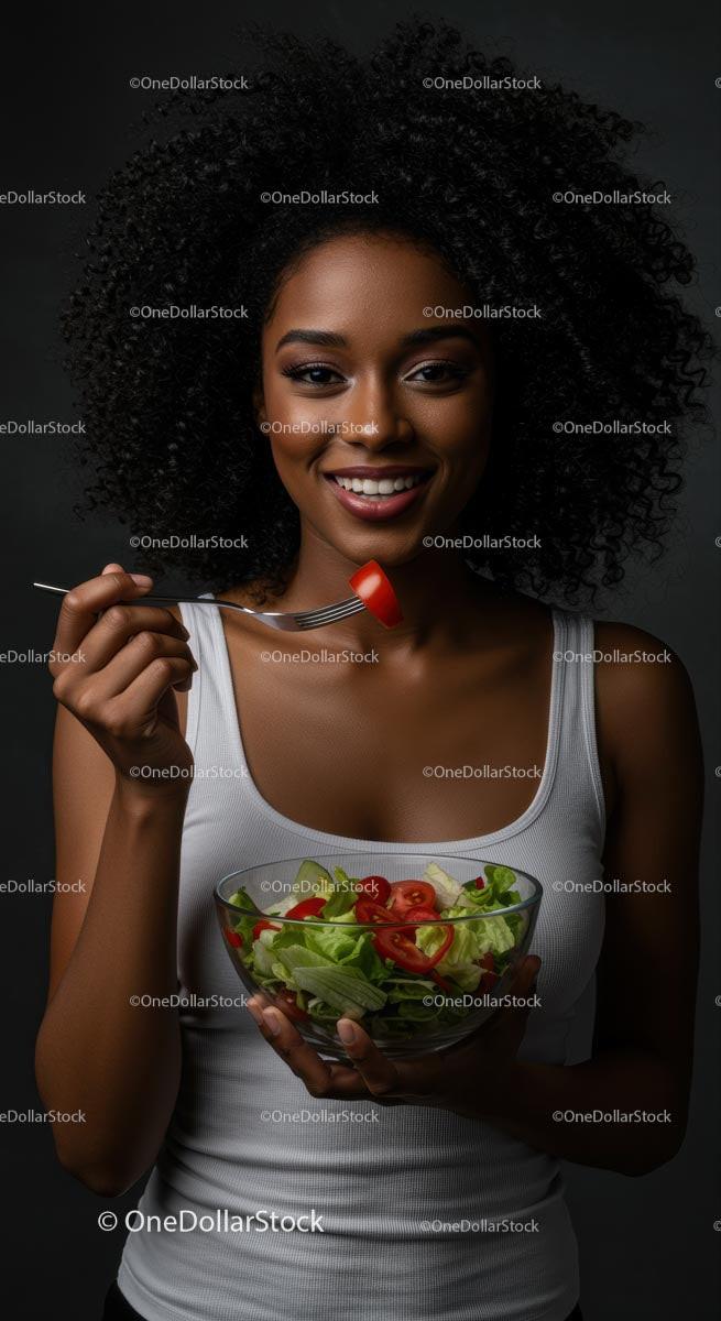 Smiling Woman Enjoying Fresh Vegetable Salad
