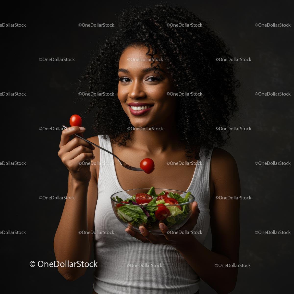 Smiling Woman Enjoying Fresh Green Salad